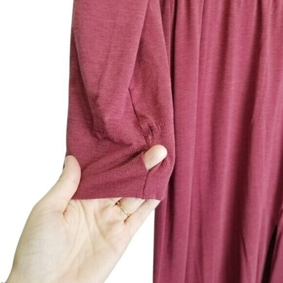 Long Sleeve‎ Burgundy Maxi Dress By Ambernoon L Thumb Holes Beachy UPF Coastal - Picture 9 of 10